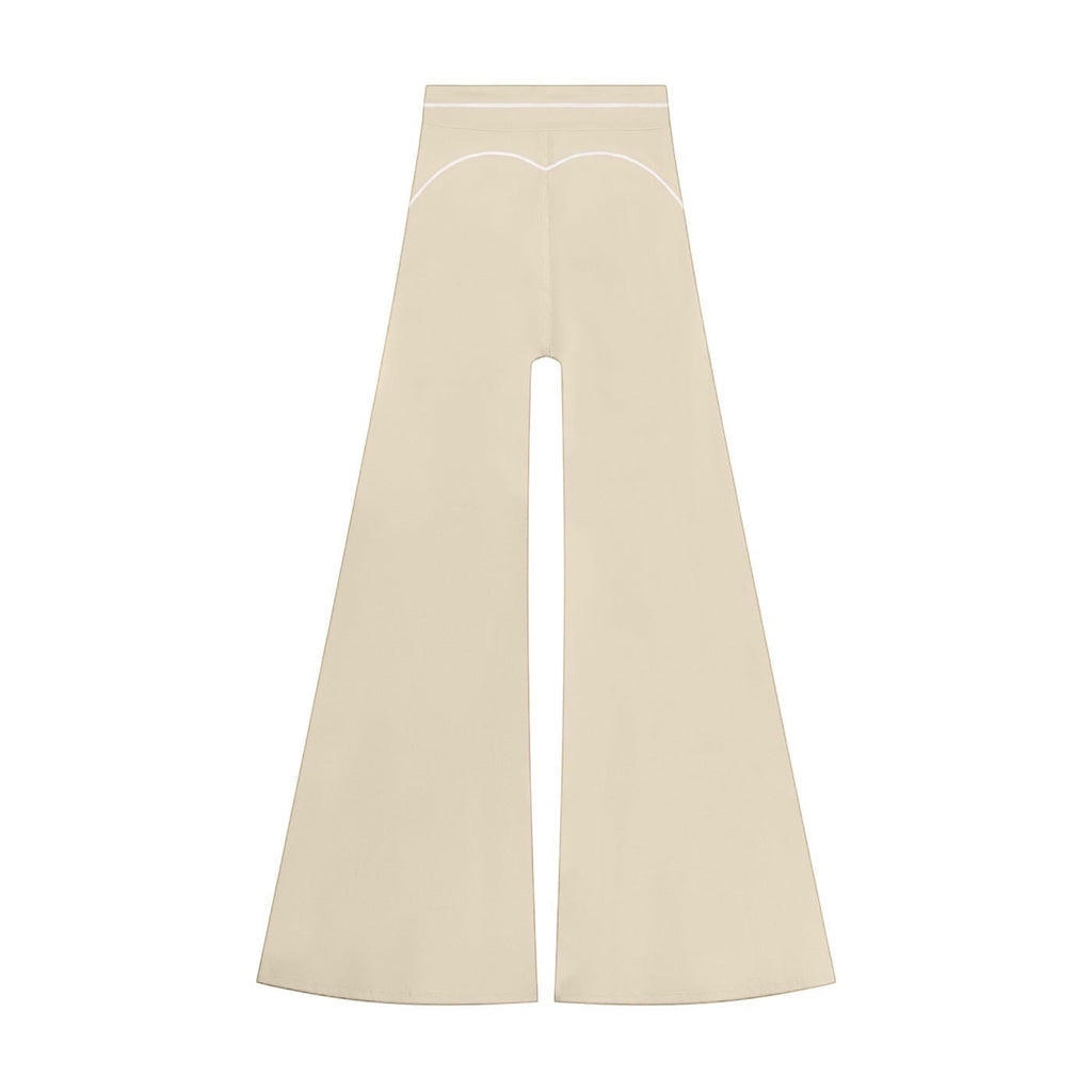 Anointed Garments high-waisted wide-leg trousers in beige with elegant white contrast piping detail.