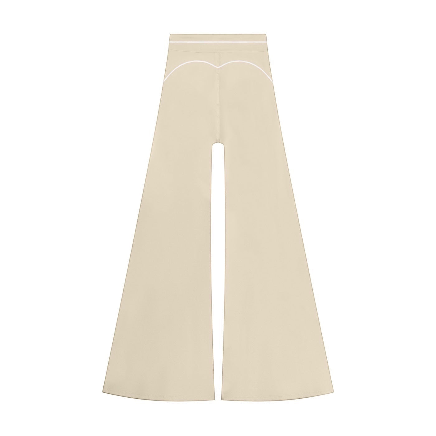 Anointed Garments high-waisted wide-leg trousers in beige with elegant white contrast piping detail.