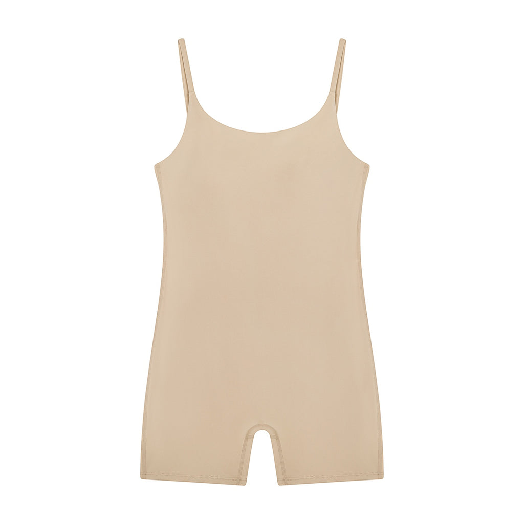 Anointed Garments beige sleeveless U-neck yoga romper made from nylon and elastane blend for gym and daily wear.