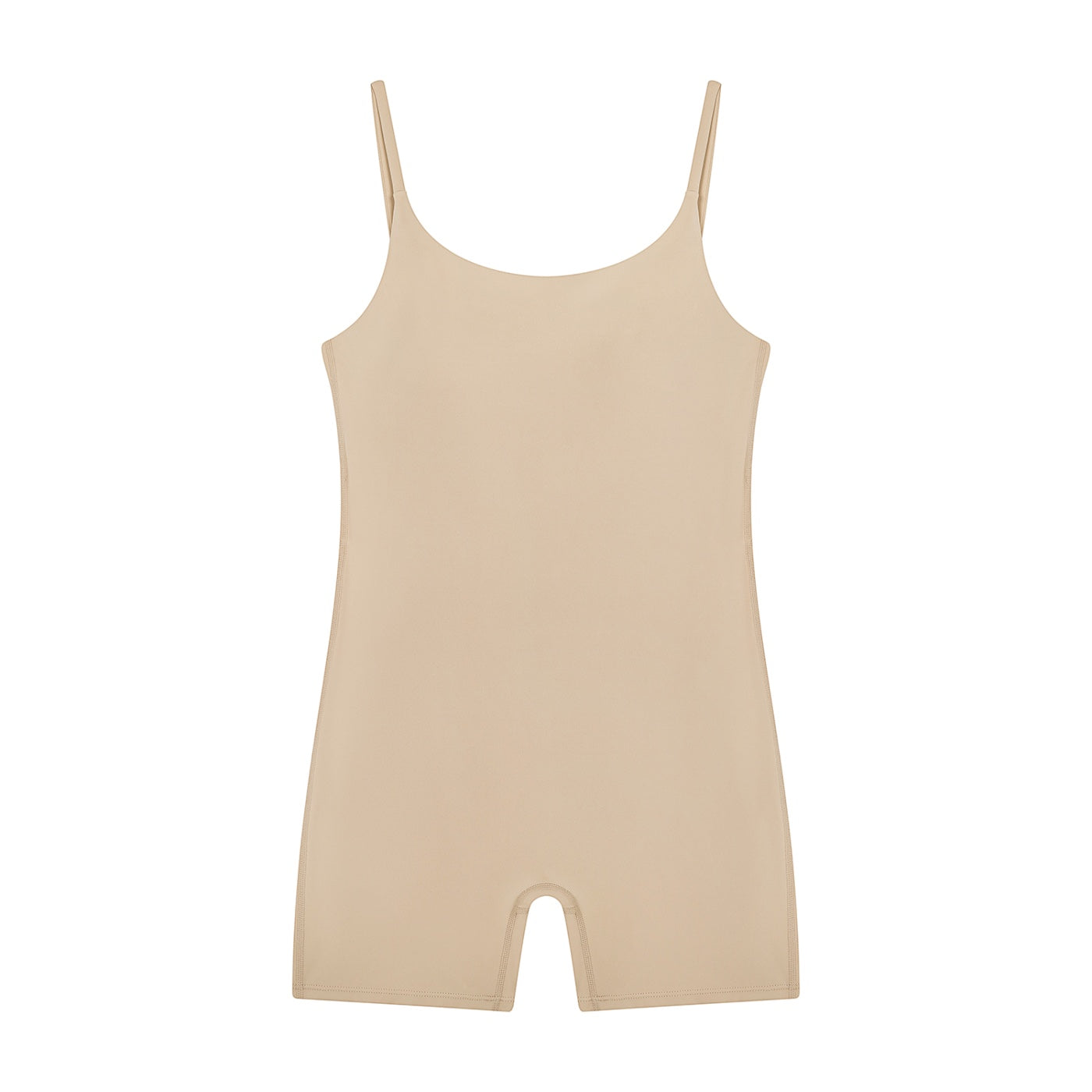 Anointed Garments beige sleeveless U-neck yoga romper made from nylon and elastane blend for gym and daily wear.
