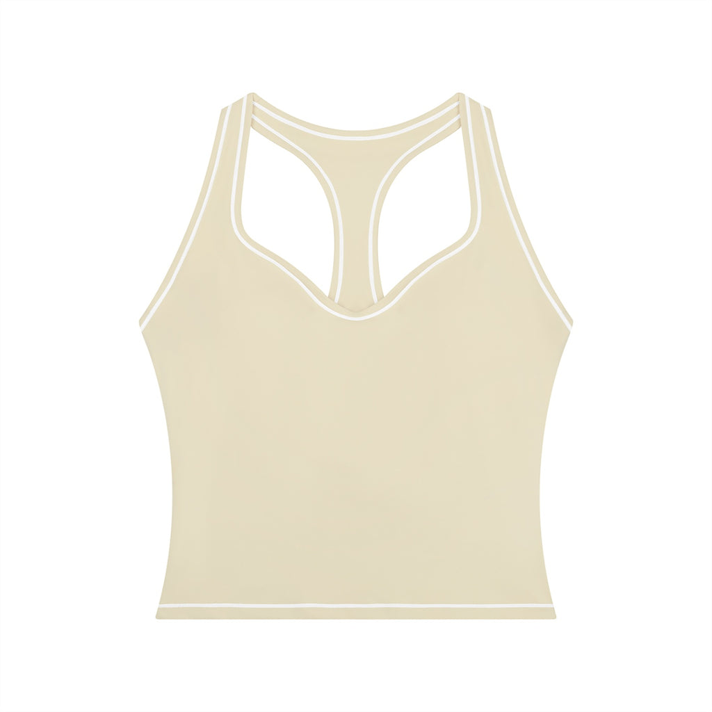 Anointed Garments beige yoga tank top with white topstitching, racerback design, and U-neck for gym or casual wear.