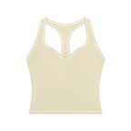Anointed Garments beige yoga tank top with white topstitching, racerback design, and U-neck for gym or casual wear.