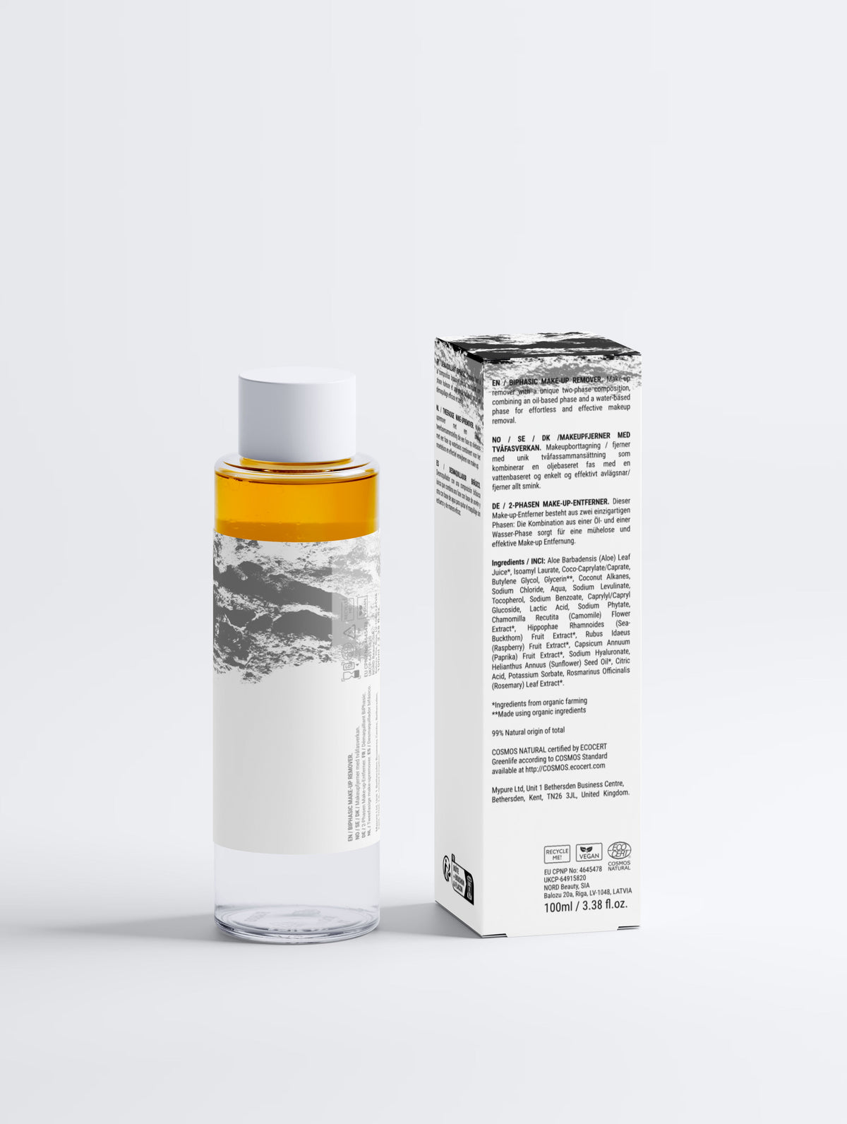Anointed Garments bi-phasic makeup remover bottle with white cap and product box featuring botanical ingredient list.