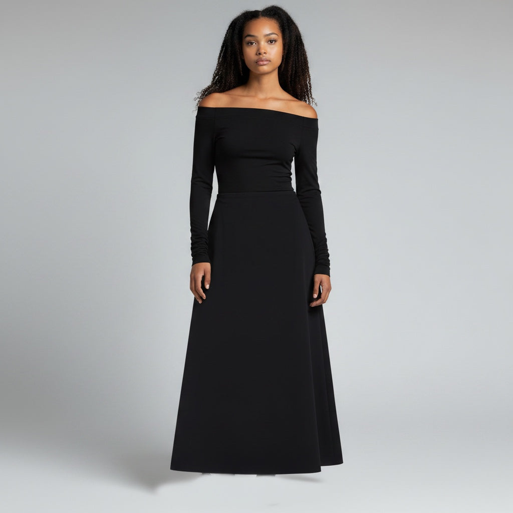Anointed Garments black off-the-shoulder long-sleeve midi dress with a flattering A-line silhouette on a model