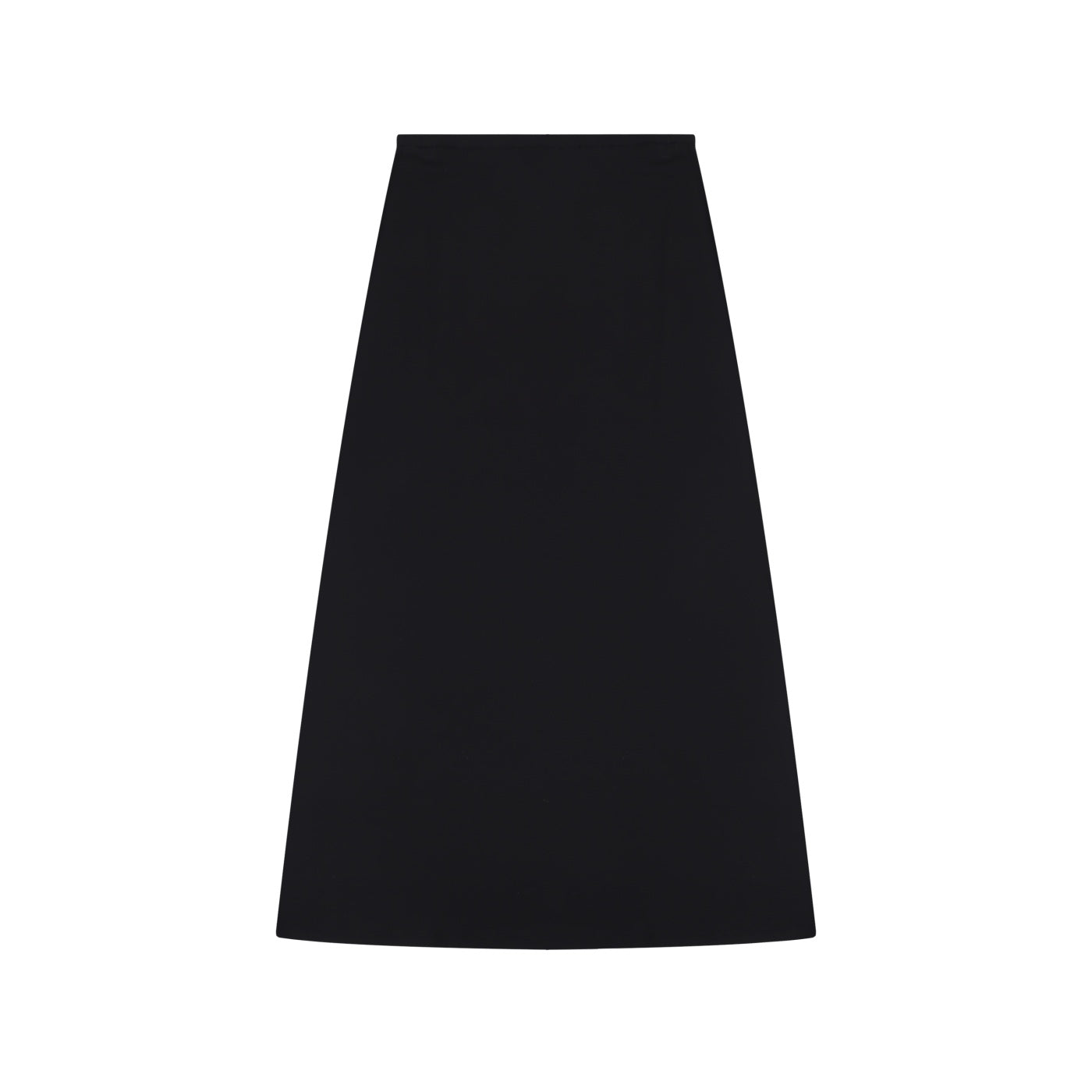 Anointed Garments black A-line midi skirt in soft-touch rayon blend fabric with a clean minimalist design.