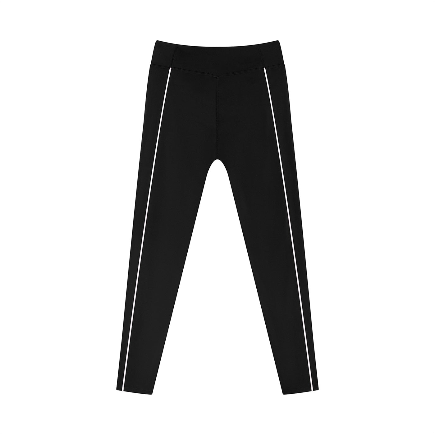 Anointed Garments black athletic leggings with white side-stripe detail, high-rise waistband, and moisture-wicking fabric.