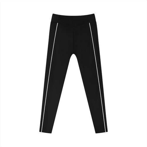 Anointed Garments black athletic leggings with white side-stripe detail, high-rise waistband, and moisture-wicking fabric.