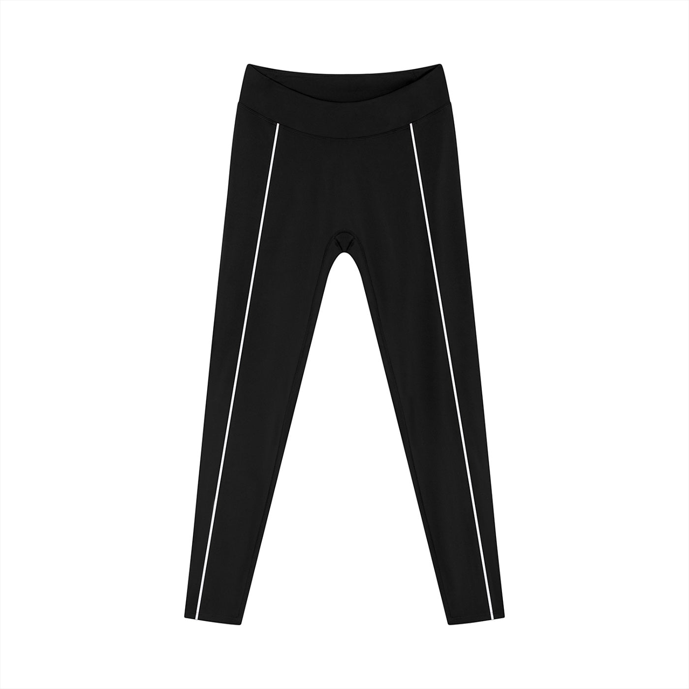 Anointed Garments black athletic leggings with white side-stripe detailing, high-rise waistband, and stretch fabric.