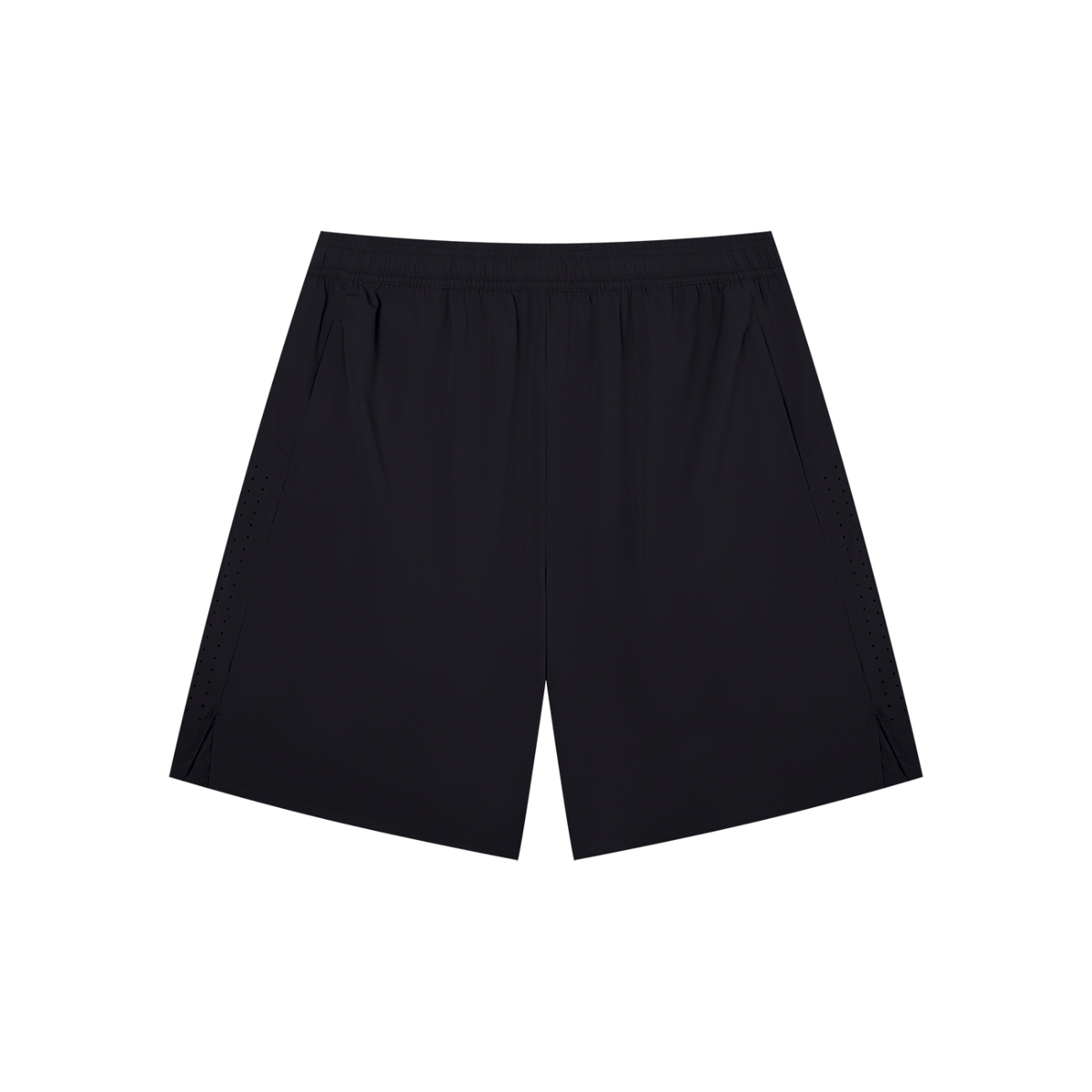 Anointed Garments black lightweight athletic nylon shorts with an elastic waistband and side slash pockets.