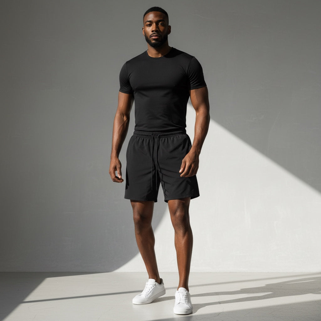 Anointed Garments black athletic performance shorts worn by a man with a black t-shirt and white sneakers.