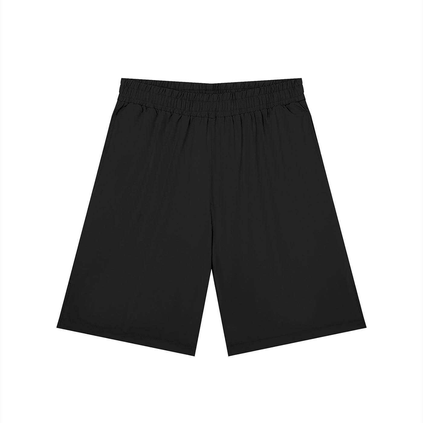 Anointed Garments men's black athletic shorts with an elastic drawstring waist and comfortable polyester blend fabric.