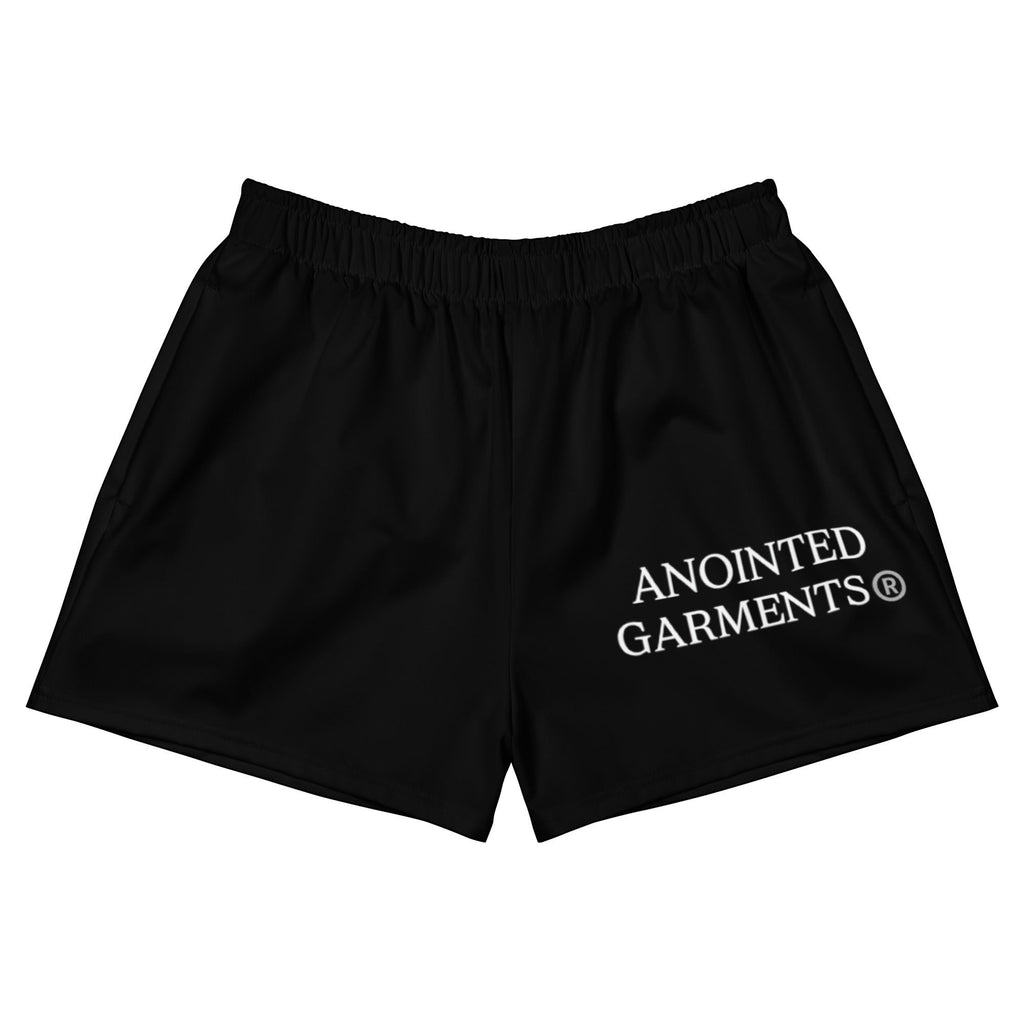 Anointed Garments black unisex athletic shorts with white logo, featuring moisture-wicking fabric and side pockets.