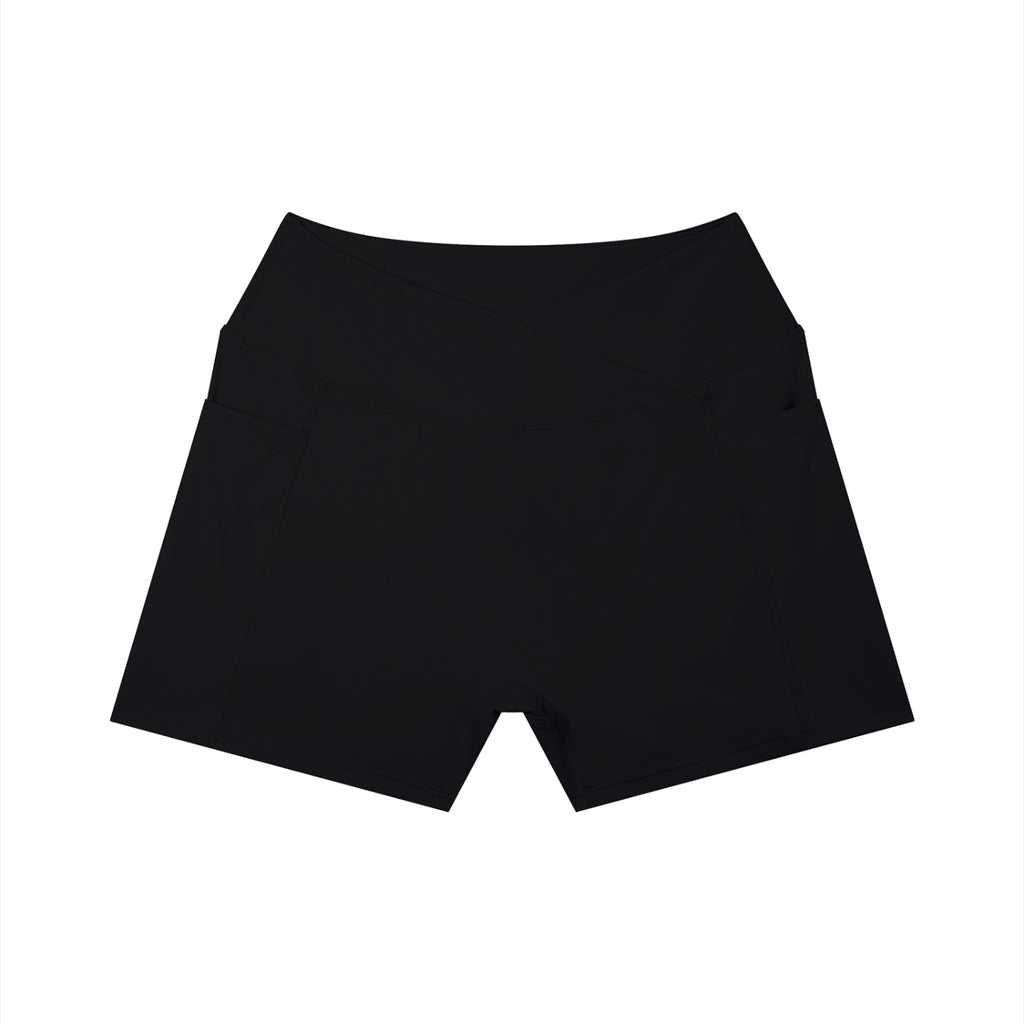 Anointed Garments black high-waisted athletic shorts with a crossover waistband and side pockets.