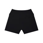 Anointed Garments black high-waisted athletic shorts with a crossover waistband and side pockets.
