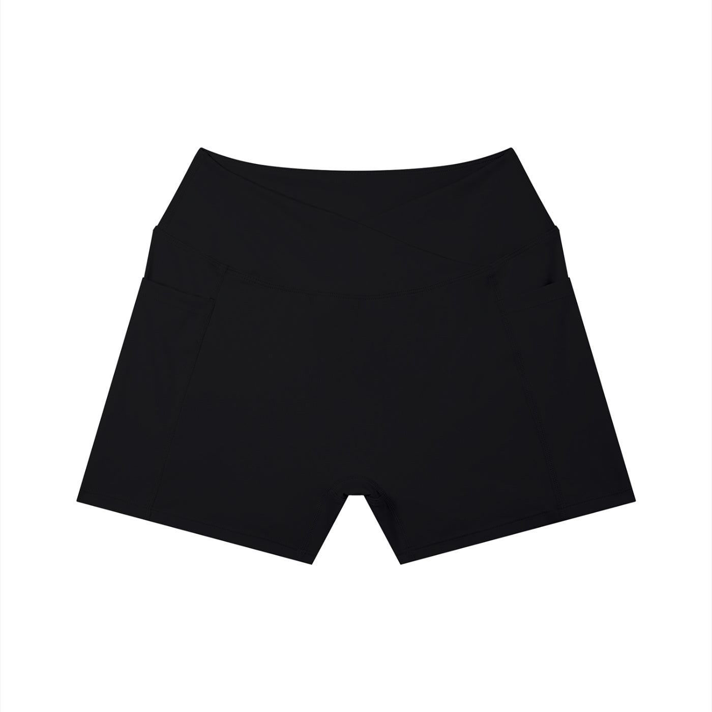 Anointed Garments black high-waisted athletic shorts with a crossover waistband and side pockets.