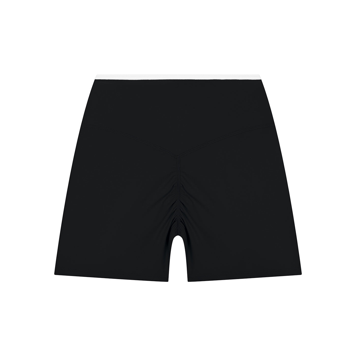 Anointed Garments black high-waisted athletic shorts with back ruching and moisture-wicking four-way stretch fabric.