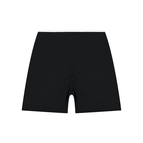Anointed Garments black high-waisted athletic shorts with back ruching and moisture-wicking four-way stretch fabric.