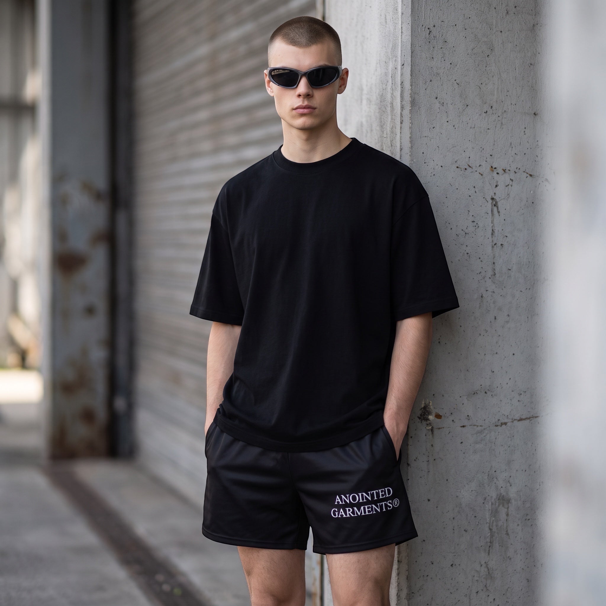 Anointed Garments unisex athletic shorts in black with white logo, worn by a man in a black t-shirt and sunglasses.