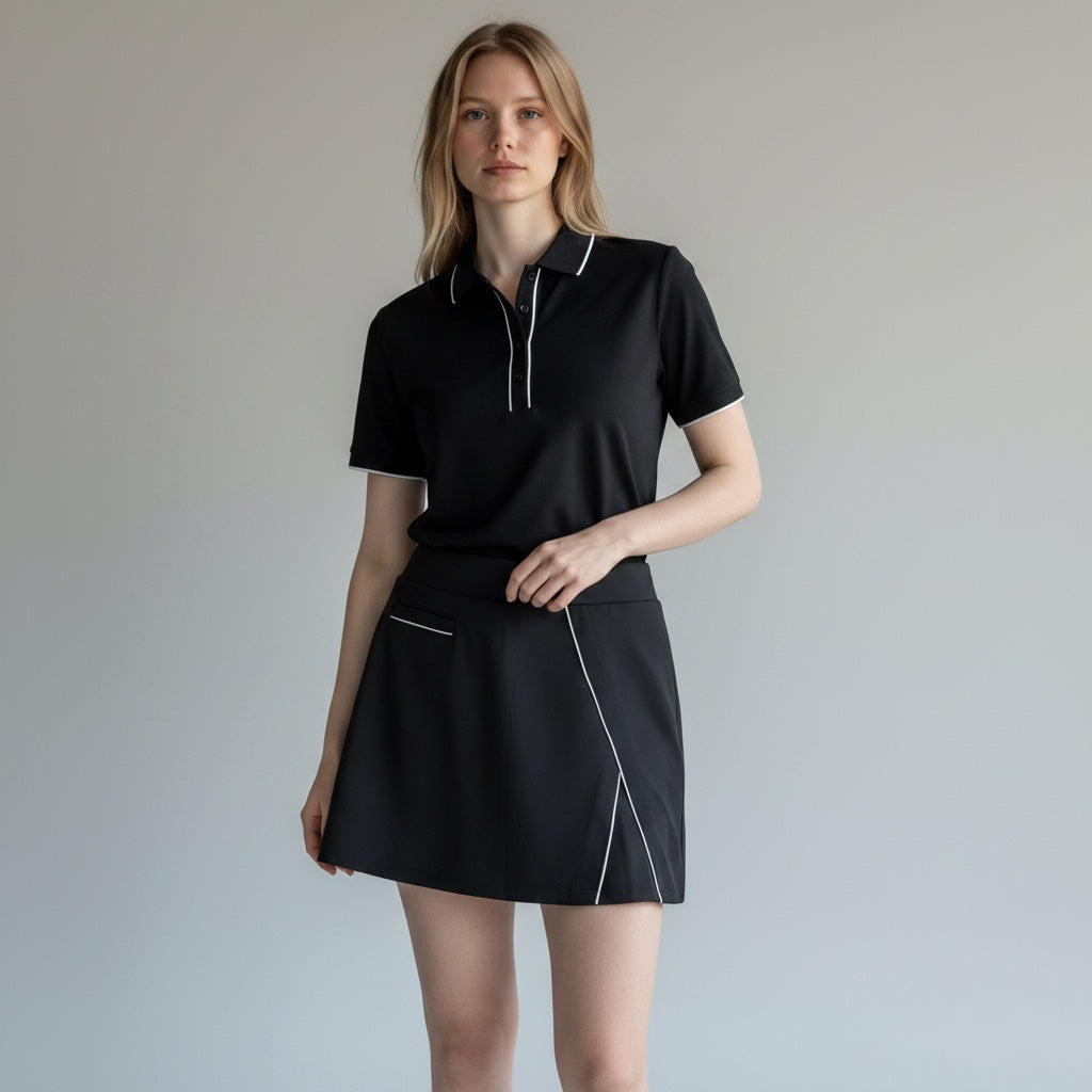 Anointed Garments women's black athletic performance skort with white piping and side slit, worn with matching polo.