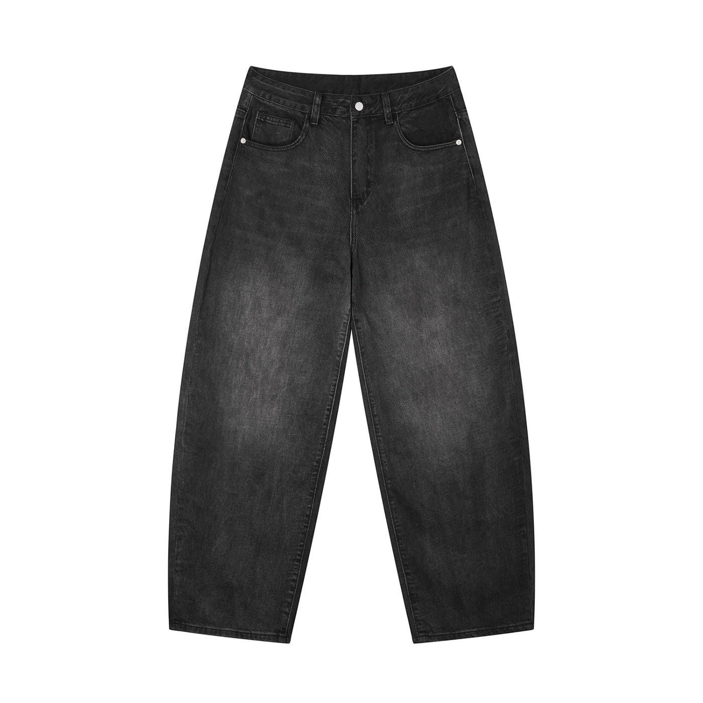 Anointed Garments men's vintage wash black barrel leg jeans with a loose fit and mid-waist cotton blend fabric.