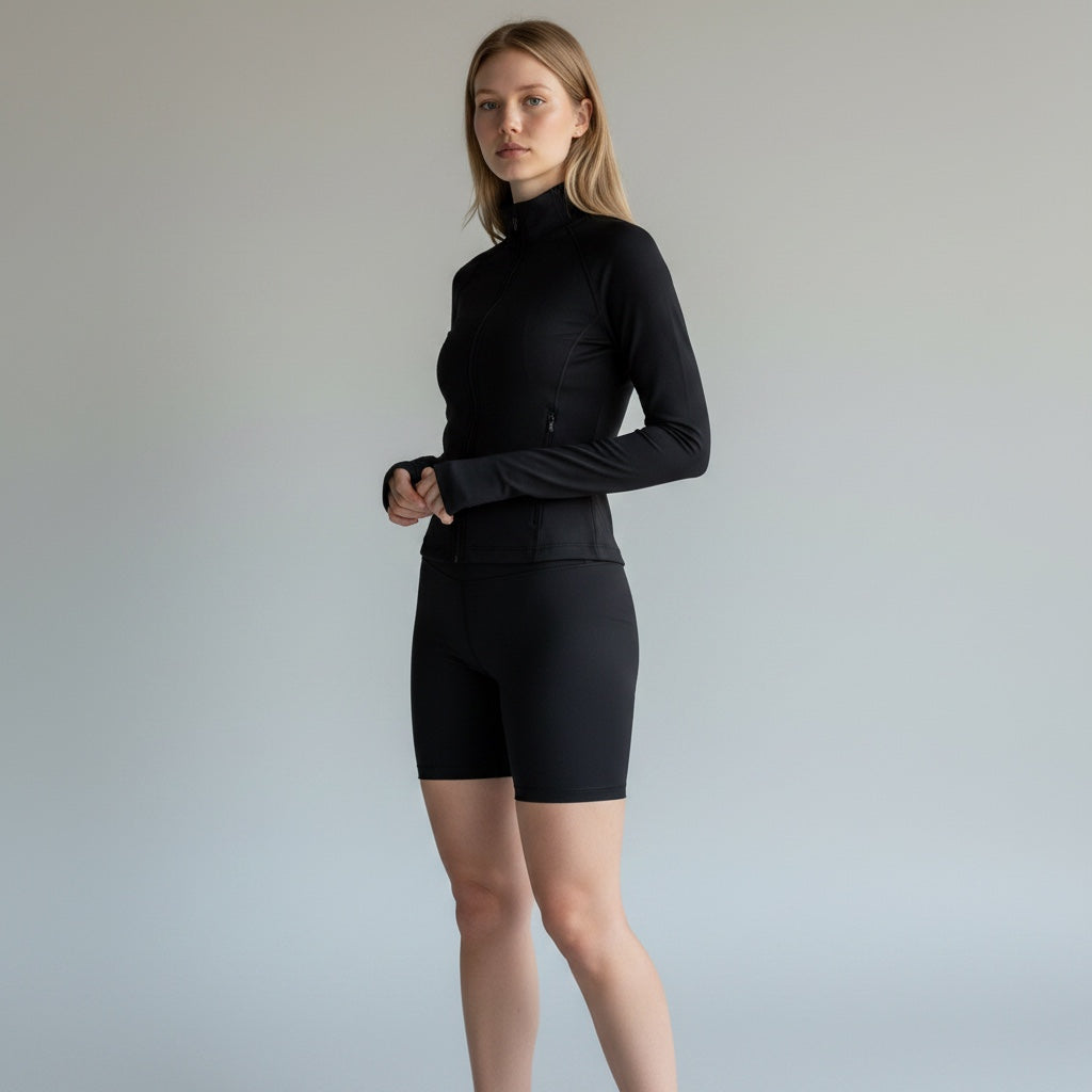 Anointed Garments women's black high-waisted biker shorts and matching zip-up jacket in a sporty bodycon style.