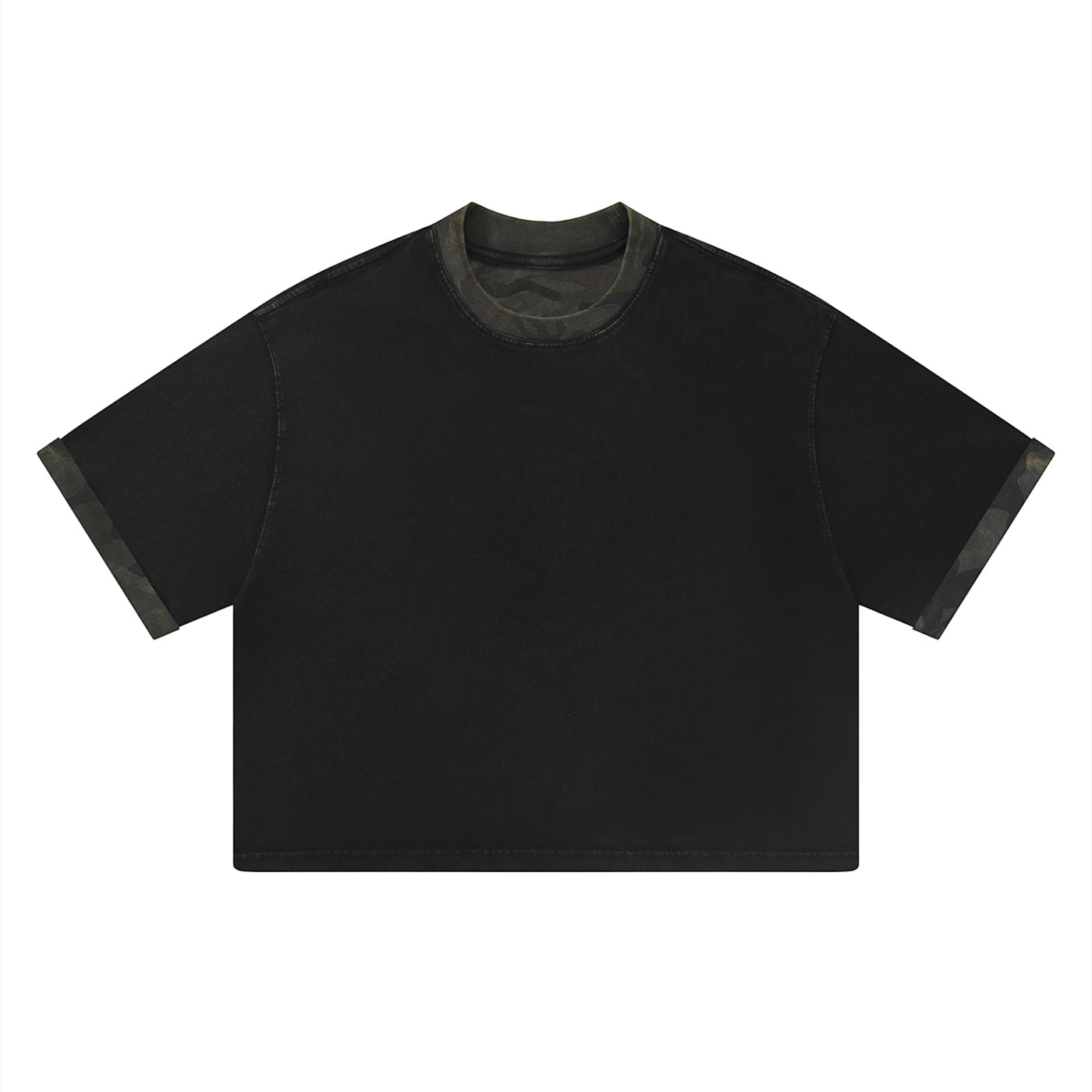 Anointed Garments unisex black mineral washed boxy cotton t-shirt with drop shoulders and camo trim details.
