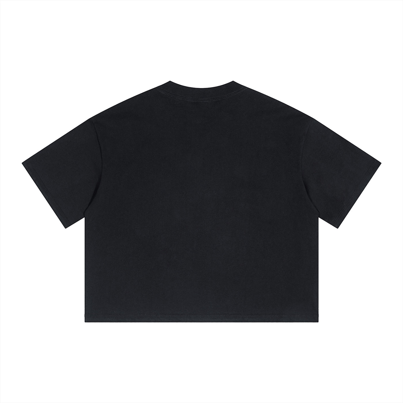 Anointed Garments unisex black cotton crop t-shirt with a boxy fit, drop shoulders, and short sleeves, back view.
