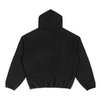 Anointed Garments black boxy hoodie with a cinched hem, drop shoulders, and long sleeves, back view.