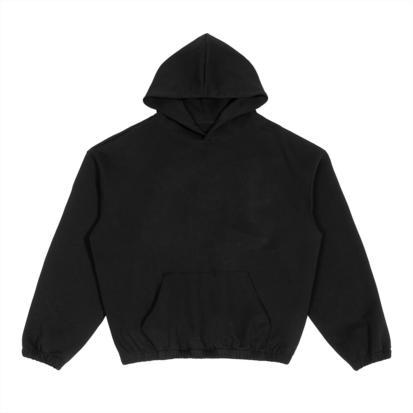 Anointed Garments black boxy hoodie with a cinched hem, drop shoulders, and a front kangaroo pocket.