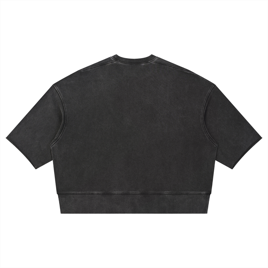 Anointed Garments unisex black mineral wash boxy short sleeve crewneck sweatshirt with raw edge hem and drop shoulders.