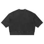 Anointed Garments unisex black mineral wash boxy short sleeve crewneck sweatshirt with raw edge hem and drop shoulders.