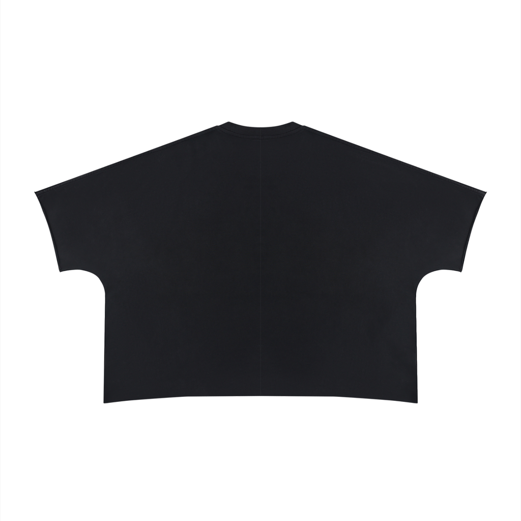 Anointed Garments unisex black heavyweight cotton t-shirt with a boxy fit and raw edge sleeves and hem, back view.