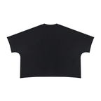 Anointed Garments unisex black heavyweight cotton t-shirt with a boxy fit and raw edge sleeves and hem, back view.