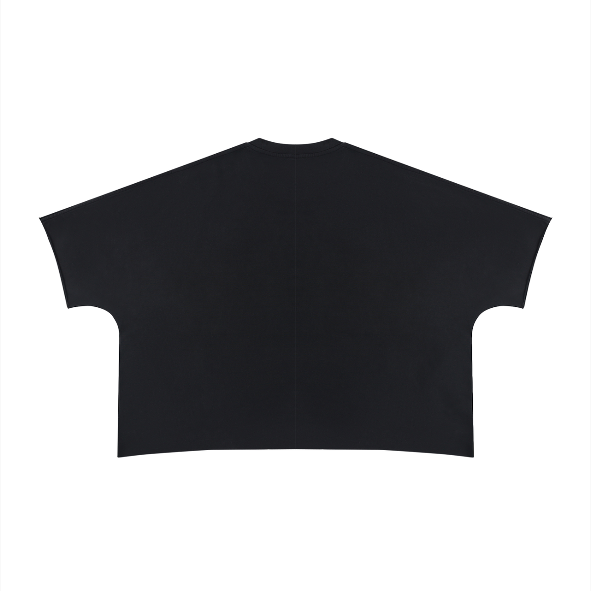 Anointed Garments unisex black heavyweight cotton t-shirt with a boxy fit and raw edge sleeves and hem, back view.