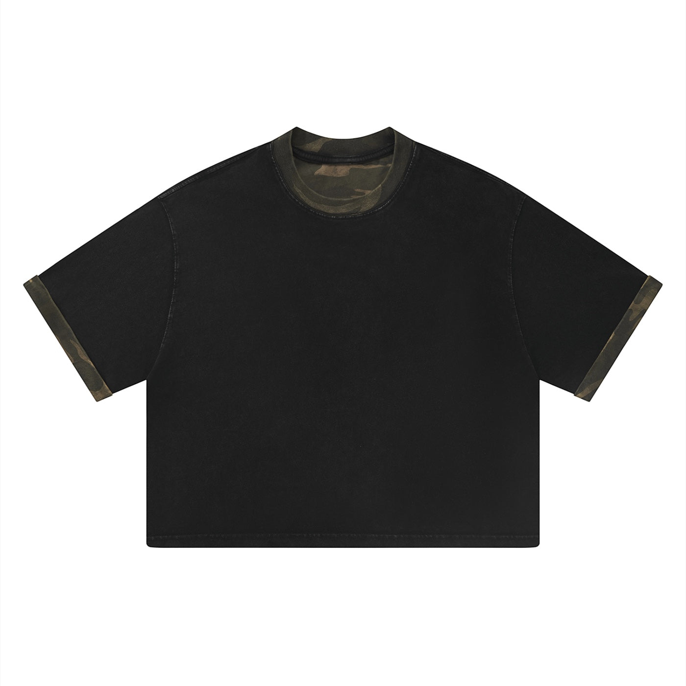 Anointed Garments unisex black mineral washed boxy cotton t-shirt with camo panel details and drop shoulders.