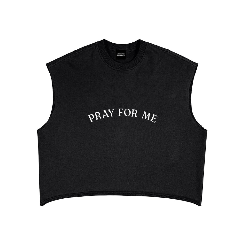 Anointed Garments black French terry boxy tank top with Pray For Me text print and frayed sleeveless edges.