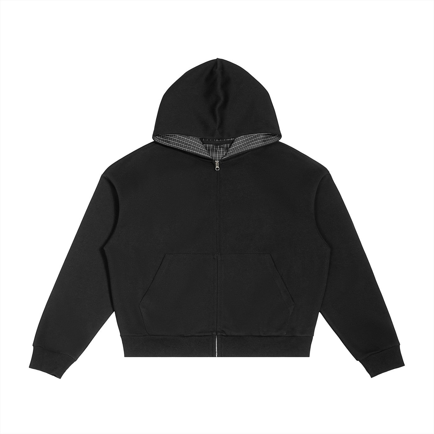 Anointed Garments black boxy zip-up hoodie featuring a cropped fit, drop shoulders, and a contrast plaid hood lining.