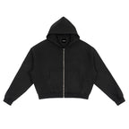Anointed Garments black fleece zip-up hoodie with a boxy, oversized fit, drop shoulders, and front pockets.
