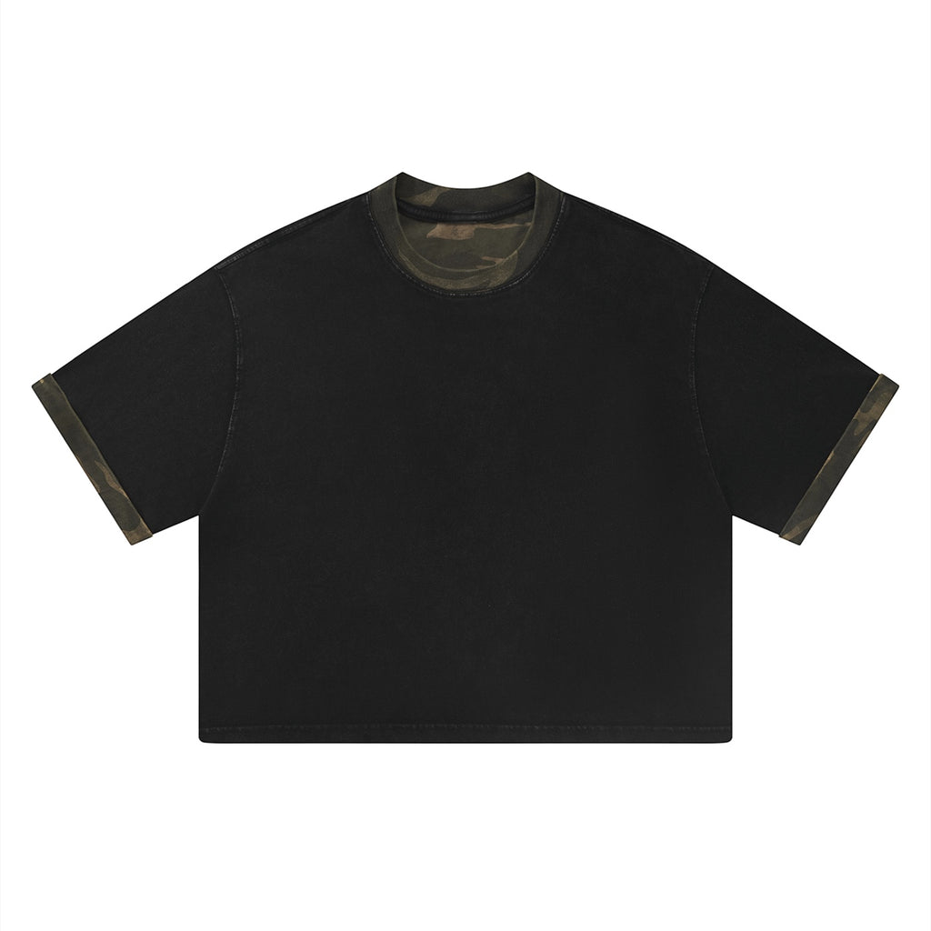 Anointed Garments premium black cotton crewneck t-shirt with camo-patterned collar and sleeve cuffs