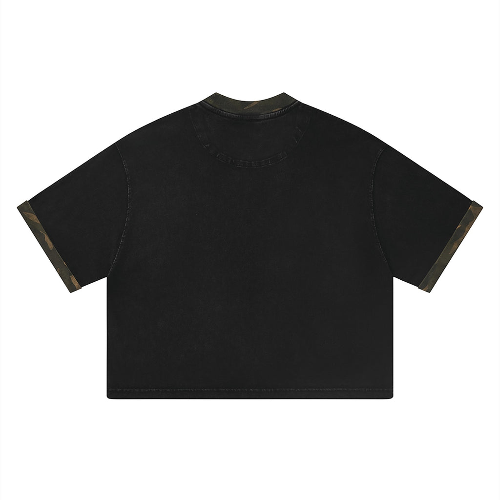 Back view of Anointed Garments black cotton crewneck t-shirt with camo print collar and sleeve cuff details.