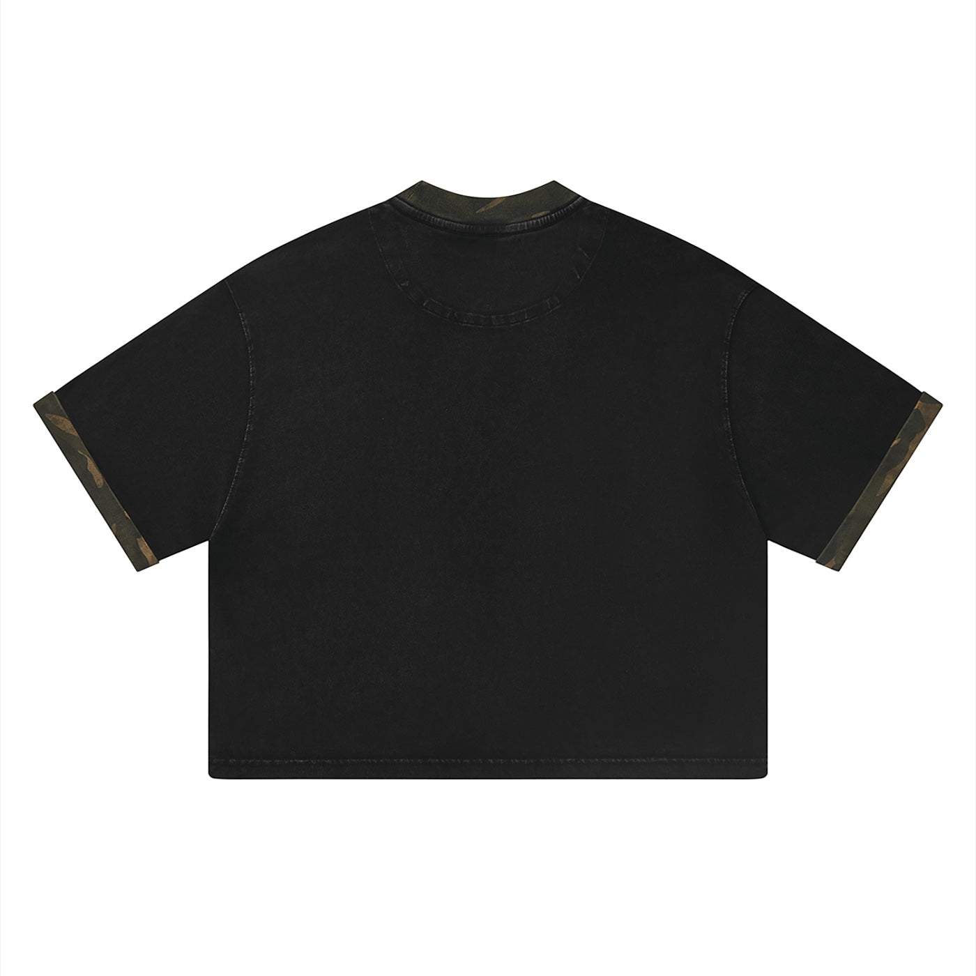 Back view of Anointed Garments black cotton crewneck t-shirt with camo print collar and sleeve cuff details.