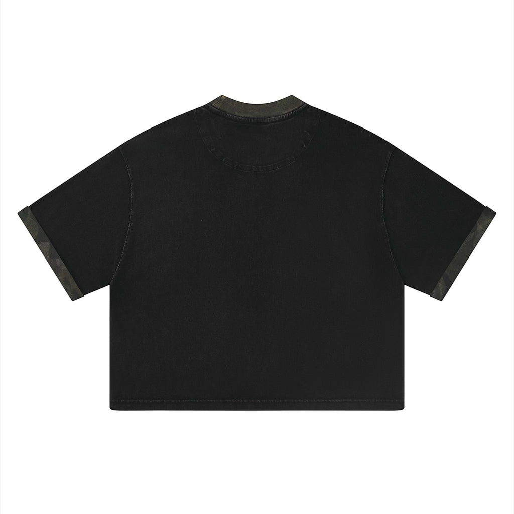 Back view of Anointed Garments black cotton crewneck t-shirt with camo collar and sleeve cuff accents