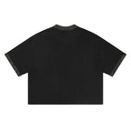 Back view of Anointed Garments black cotton crewneck t-shirt with camo collar and sleeve cuff accents