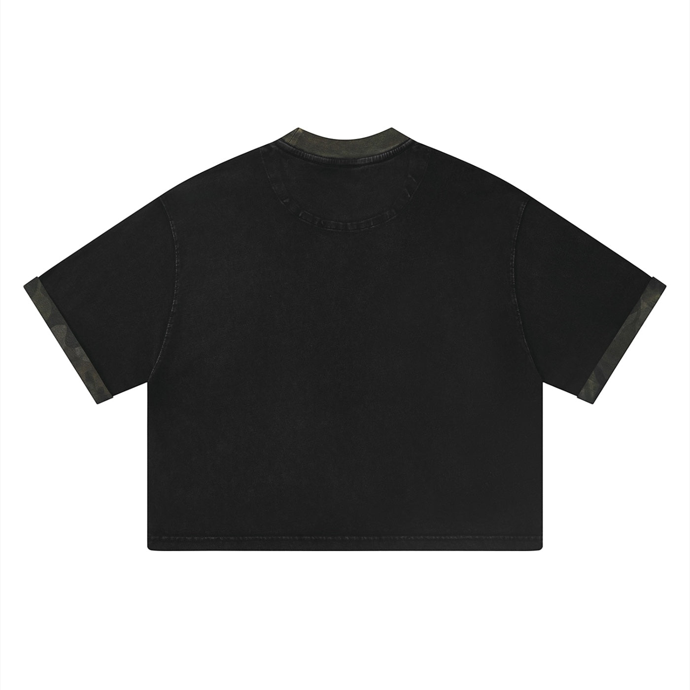 Back view of Anointed Garments black cotton crewneck t-shirt with camo collar and sleeve cuff accents