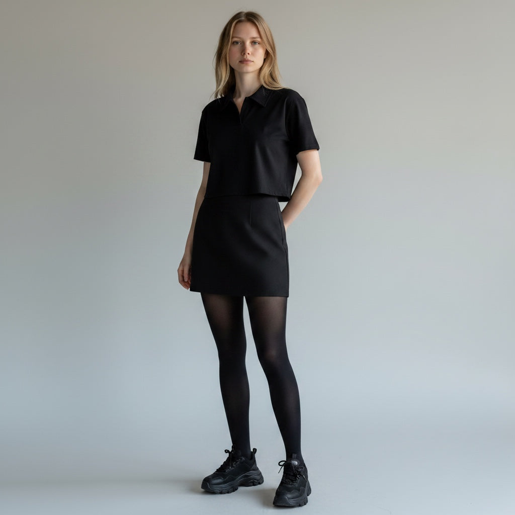 Anointed Garments black short sleeve collared crop top worn by a model with a matching skirt and black tights.