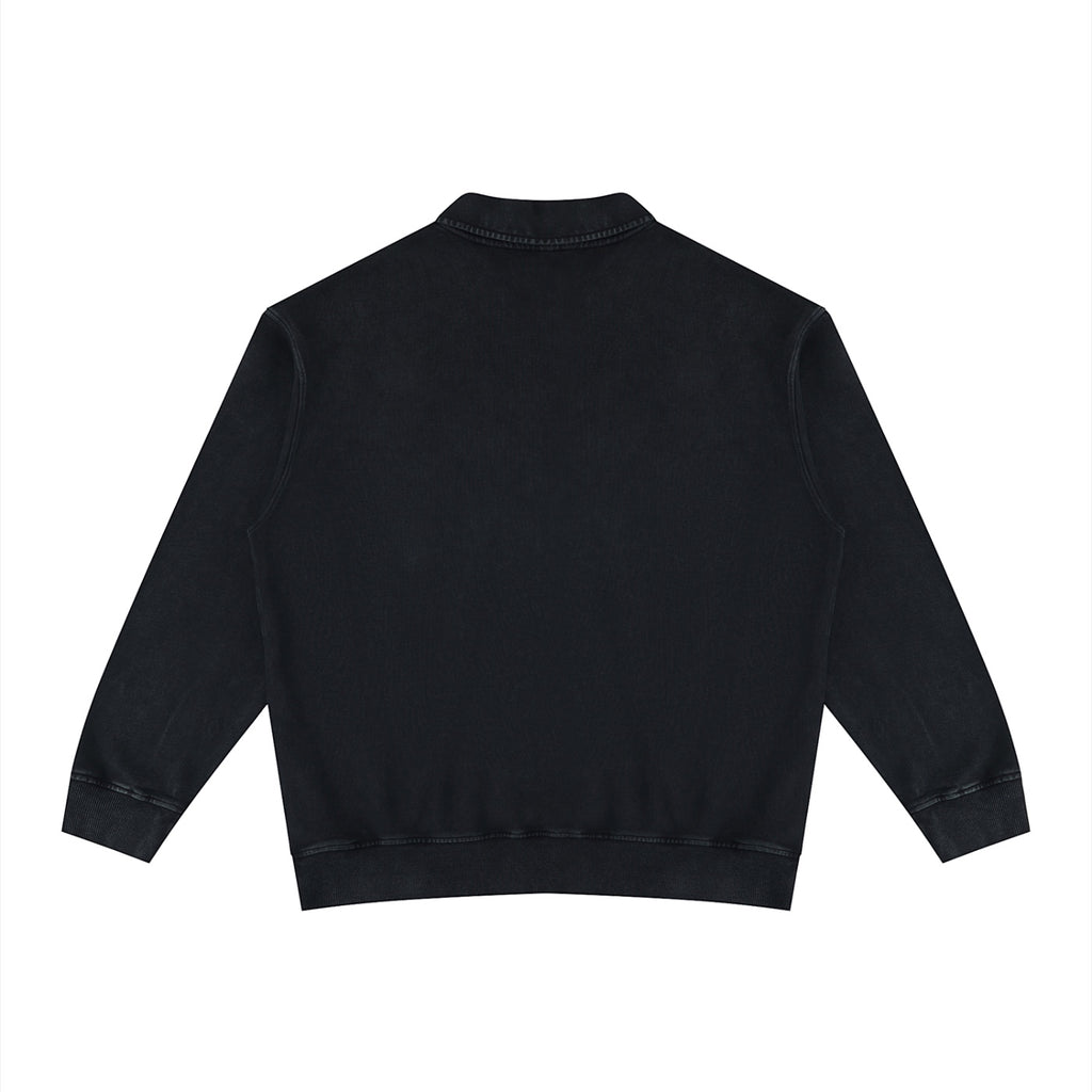 Back view of an Anointed Garments black washed cotton long sleeve pullover sweatshirt with a collared neckline.