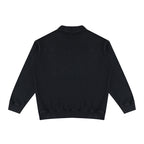 Back view of an Anointed Garments black washed cotton long sleeve pullover sweatshirt with a collared neckline.