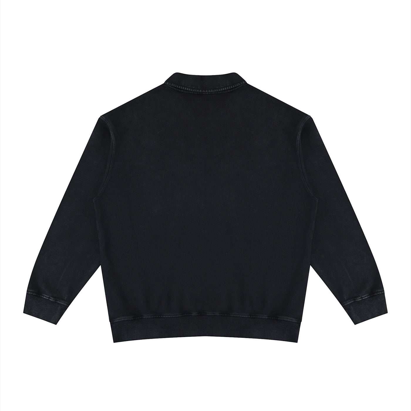 Back view of an Anointed Garments black washed cotton long sleeve pullover sweatshirt with a collared neckline.