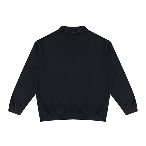 Back view of an Anointed Garments black washed cotton long sleeve pullover sweatshirt with a collared neckline.
