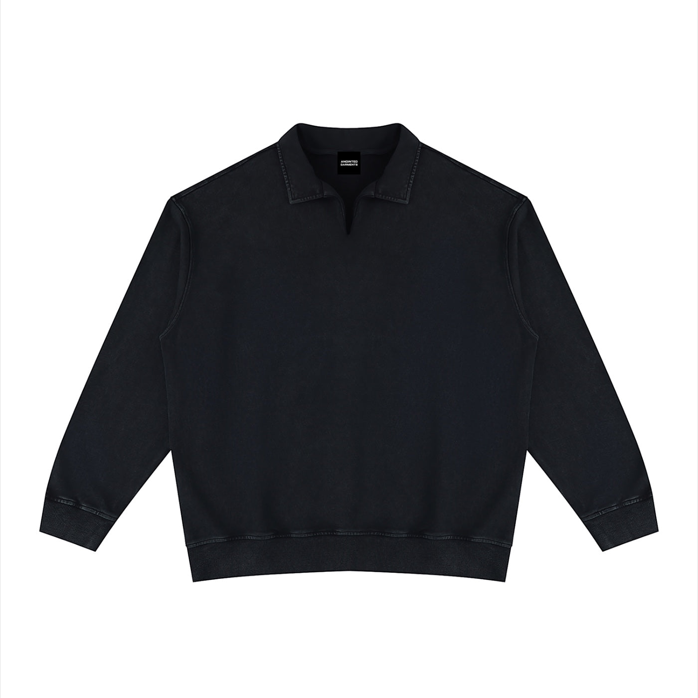 Anointed Garments black washed cotton long sleeve pullover sweatshirt with a collared neckline and ribbed trim.